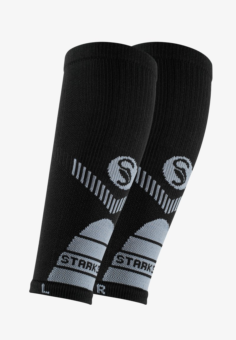 Maniche a compressione nere con accenti grigio chiaro, caratterizzate da una texture a coste, design del logo e modelli variabili sulla stoffa. Taglia: L.