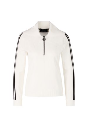 White pullover sweatshirt with a high collar, zip closure, ribbed texture, and black stripe accents on sleeves. Features logo hardware detail.