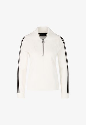 White pullover sweatshirt with a high collar, zip closure, ribbed texture, and black stripe accents on sleeves. Features logo hardware detail.
