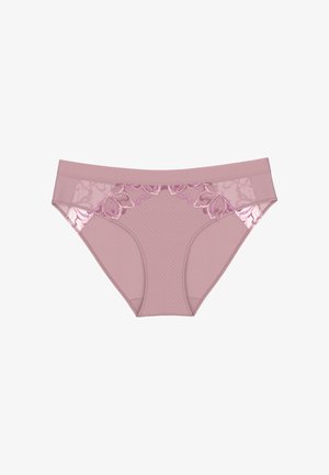 Rosa Unterwäsche mit Spitzenrand, ausgestattet mit einem strukturierten Vorderteil, das auf den Seiten mit filigraner Blumen-Spitze verziert ist und einem glatten elastischen Bund.