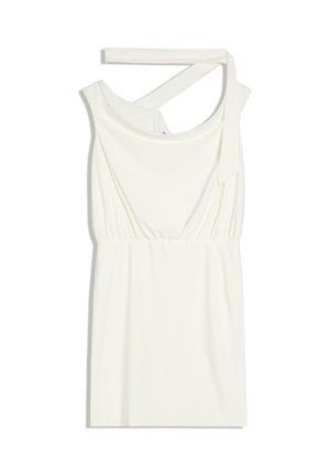 Biele minišaty bez rukávov s asymetrickým výstrihom a remienkom, ktorý sa viaže okolo krku, priliehavý pás, hladká textúra látky.