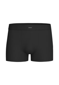Schwarze Boxershorts mit einem weichen, elastischen Bund und einem kleinen, gedruckten Logo, aus glattem Stoff gefertigt, im taillierten und konturierten Design.