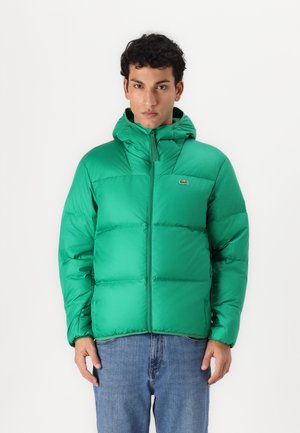 Green puffer jacket features a hood, zip closure, and quilted design. The fabric is smooth with a shiny finish, paired with jeans.