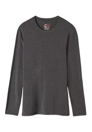 Maglietta a maniche lunghe di colore grigio scuro, realizzata in materiale morbido. Presenta un collo rotondo e cuciture minime. L'etichetta riporta la dicitura "Cashmere Heat."