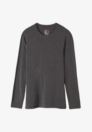 Camisa de manga larga en gris oscuro, hecha de material suave. Presenta un escote redondo y costuras mínimas. La etiqueta dice "Cashmere Heat".