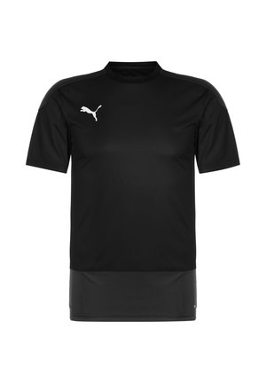 Schwarzes Sportshirt mit kurzen Ärmeln, Rundhalsausschnitt und weißem Puma-Logo auf der rechten Brust.