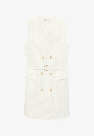 Ærmeløs hvid kjole med tynde striber, dobbeltradede guldknapper og matchende bælte med guldlås.