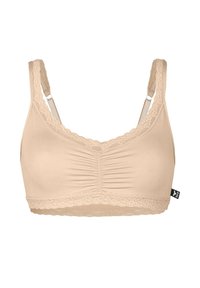 Nude bralette made of soft fabric with lace trim at the neckline and hem, featuring adjustable straps and a gathered center design.