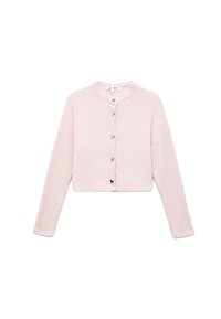 Cardigan corto rosa con un motivo di maglia testurizzata, scollatura rotonda e cinque bottoni a forma di cuore in argento lungo la parte anteriore. Maniche lunghe.