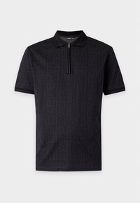 Polo noir à manches courtes avec un motif monogramme subtil et une fermeture éclair à l'avant, doté d'un col classique et de poignets de manches côtelés.