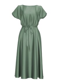 Satingrön klänning med korta batwingärmar och dragsko i midjan. Flödar ner till en kjol i knä-längd med en slät, glänsande yta.