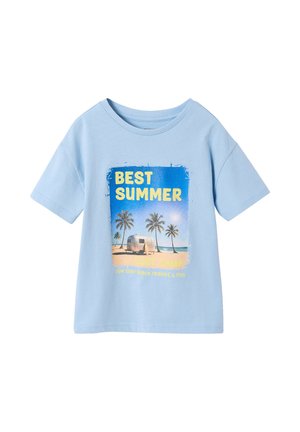 Light blue T-shirt with a beach scene, palm trees, a camper, and text "BEST SUMMER" in yellow on the front.