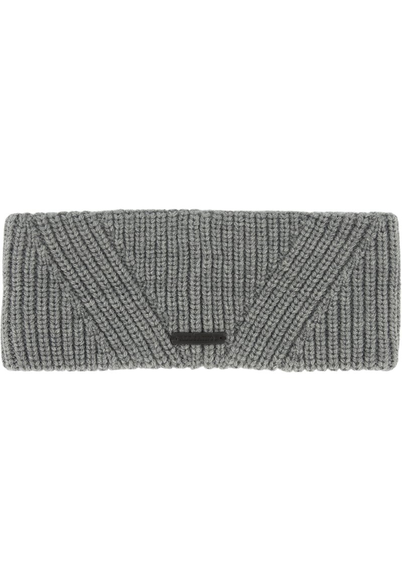 Grau gestricktes Kopfband mit gerippter Textur, das diagonale Stichmuster und ein kleines schwarzes Etikett-Detail aufweist.