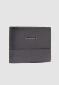 Black leather bifold wallet with visible stitching and small silver Piquadro logo centered on front.