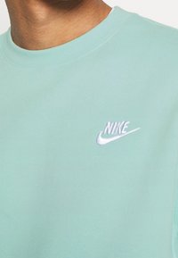 Felpa in cotone verde menta con collo rotondo e logo Nike ricamato in bianco sul petto. Texture liscia, design casual.