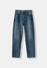 Blå jeans i denim med rak skärning, fem fickor, urblekt textur och kontrasterande sömmar. Har knappstängning och bältesöglor.