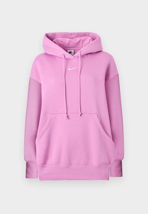 Roosa Nike kapuutsiga fliis, eesmine tasku, reguleeritav paelaga kapuuts ning valge Nike logo rinnal keskel.