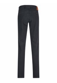 Dunkelgraue Baumwollhose mit geradem Schnitt, ausgestattet mit einem Lederakzent am Bund und zwei Gesäßtaschen mit Knöpfen.
