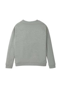 Sudadera gris, mezcla de algodón, puños y dobladillo acanalados, cuello redondo, diseño simple, sin logotipos ni patrones visibles, vista desde atrás.