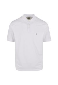 Balta īsām piedurknēm polo krekls ar apkakles apkakli, divu pogu atvēršanu un mazu logo kreisajā krūtī. Gluda kokvilnas tekstūra.