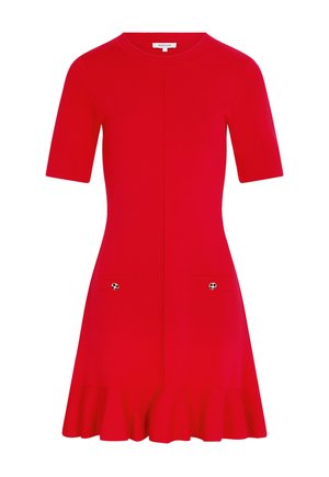 Rotes Kleid mit kurzen Ärmeln, tailliertem Schnitt, ausgestelltem Saum, rundem Ausschnitt und zwei vorderen Taschen mit knochenförmigen Knöpfen.