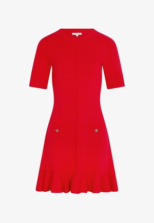 Rode jurk met korte mouwen, getailleerde taille, uitlopende zoom, ronde halslijn en twee voorzakken met knopen in de vorm van schedels.