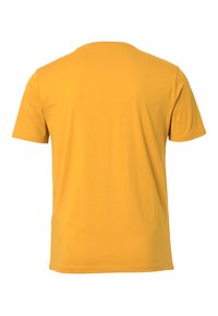 T-shirt a maniche corte di un vivace giallo, con scollo rotondo e tessuto morbido e liscio. Design minimalista senza motivi o dettagli.