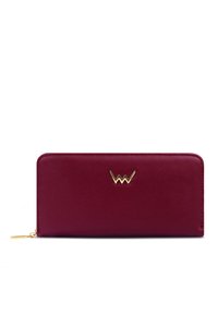 Wine-colored leather wallet with a smooth texture, featuring a gold logo accent on the front and a zip closure on the side.