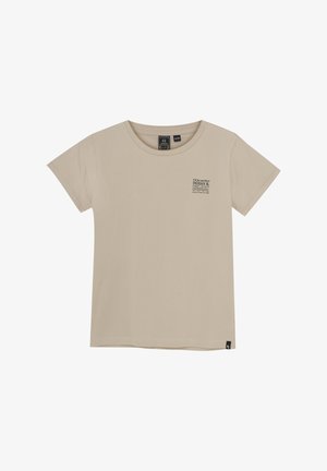 Beige katoenen T-shirt met een ronde hals en korte mouwen. Bevat een kleine bedrukte ontwerp op de linkerborst. Zachte, gladde textuur.