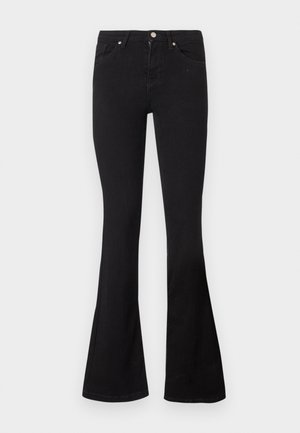 Jean en denim noir taille haute avec cinq poches et jambes évasées, présenté sur un fond blanc uni.