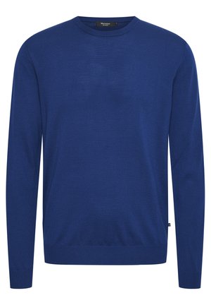 Blå crew-neck sweater med lange ærmer, lavet af et fint strikket materiale. Har ribbede kanter og manchetter, minimalistisk design.