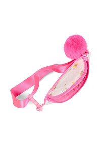 Pochette a tracolla fucsia con chiusura a zip, parte frontale trasparente con coriandoli, e un morbido pom-pom rosa come decorazione alla zip.