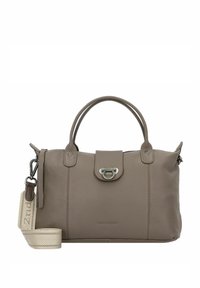 Borsa in pelle di un grigio chiaro con doppi manici e tracolla regolabile. Presenta una chiusura a patta e una finitura leggermente testurizzata.