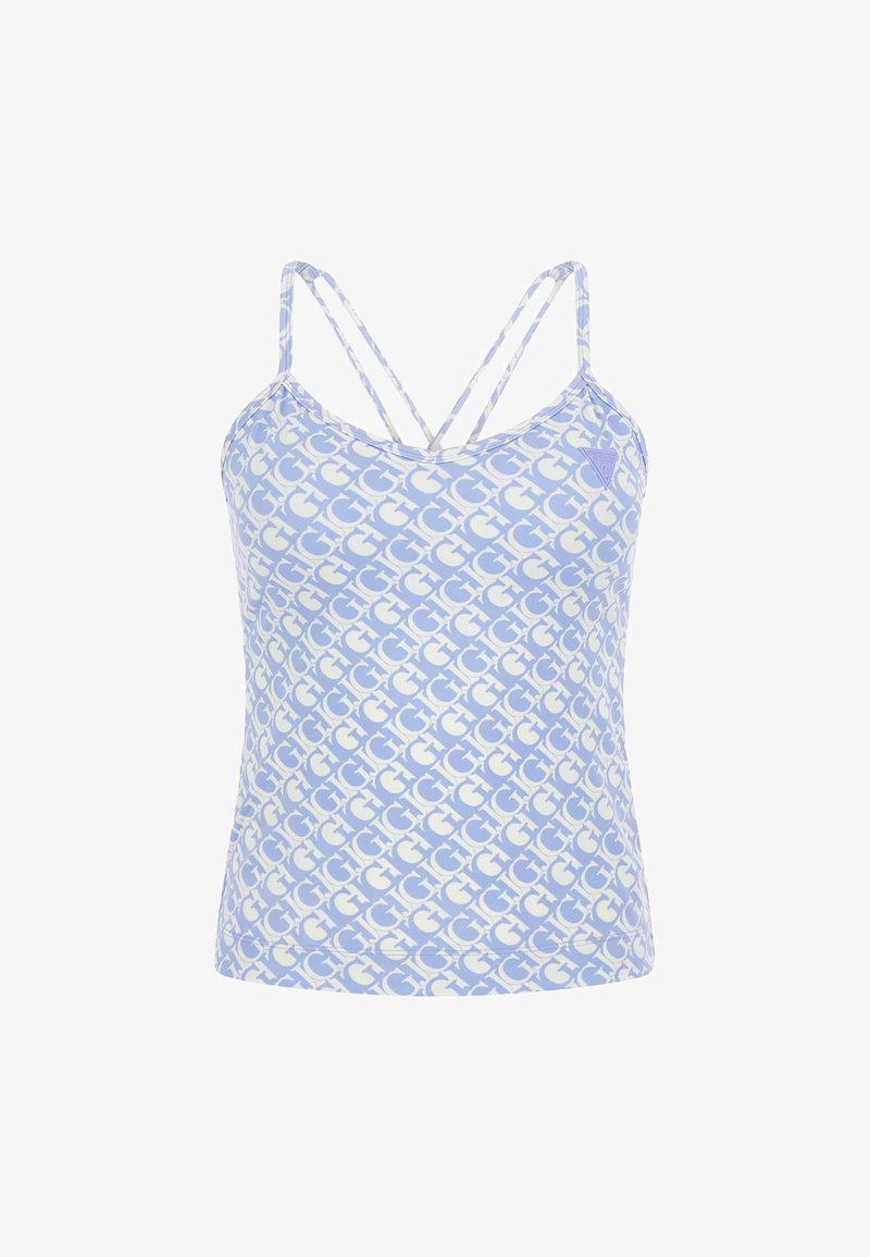 Camisole bleu clair avec un motif répétitif blanc en forme de "G" et de fines bretelles doubles croisées dans le dos, avec un petit logo triangulaire.