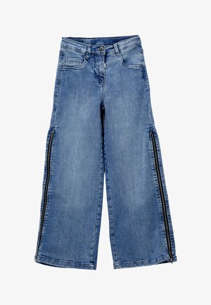 Jeans in denim blu a gamba larga cropped con tasche frontali e cerniere nere che corrono verticalmente lungo le gambe esterne.