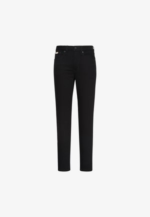 Pantalones vaqueros de mezclilla negra con un corte recto, que cuentan con cierre frontal de botones, cinco bolsillos y una textura suave. Diseño sencillo sin patrones.