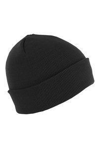 Black knit beanie hat with a folded cuff, made of ribbed fabric. Smooth texture, rounded top, and no visible logos or patterns.