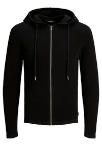 Černá mikina na zip s vroubkovanou texturou, stahovacími šňůrkami a podšitou kapucí. Má rovný střih a je vyrobena z měkkého materiálu.