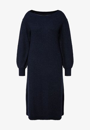 Gebreide jurk in donker marineblauw, met een brede ronde hals, lange pofmouwen en zijsplitten. Zachte textuur met een ruime pasvorm.