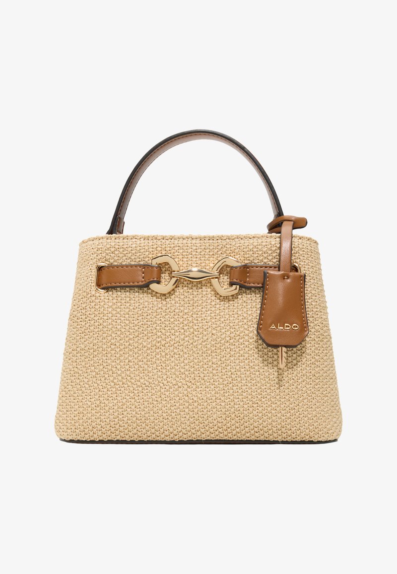 Sac à main tissé beige avec poignée en cuir marron, détail de boucle en métal doré et une étiquette en cuir marron embossée "ALDO."