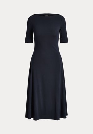 Vestido azul-marinho com mangas curtas, decote redondo e saia rodada. Feito de um tecido suave, apresenta costuras verticais na cintura e na barra.