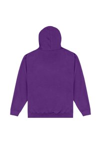Felpa con cappuccio viola vista da dietro, con maniche lunghe e polsini e orlo a coste, su uno sfondo bianco.
