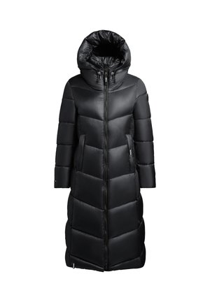 Cappotto lungo imbottito nero con colletto alto, due tasche laterali e zip frontale. Presenta cuciture a zigzag per aggiungere texture.