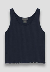 Navyblauw ribbel tanktop met een ronde halslijn, onafgewerkte zoom en mouwloos ontwerp, gemaakt van zacht textielmateriaal.