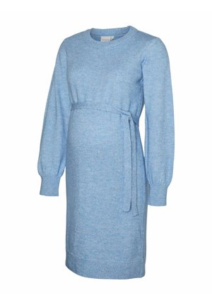 Blauwe gebreide zwangerschapsjurk met lange mouwen, een ronde halslijn en een strikceintuur om de taille. Zachte textuur en een middellange snit.