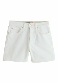 Shorts en denim blanc avec bouton et fermeture éclair à l'avant, passants pour ceinture et cinq poches, présentés à plat sur un fond blanc.