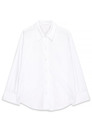 Balta krekla ar pogām, klasisku apkakli, garām piedurknēm un izliekta apakšmalu. Izgatavots no gludas auduma ar tīru, minimālistisku dizainu.