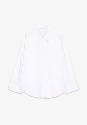 Biela košeľa s gombíkmi, klasickým golierom, dlhými rukávmi a zakriveným lemom. Vyrobená zo hladkej tkaniny s čistým, minimalistickým dizajnom.