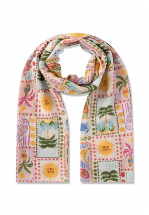 Lichte sjaal met kleurrijke tropische prints van zonnen, palmbomen, bananen, bloemen en abstracte vormen, gerangschikt in vierkante patronen.