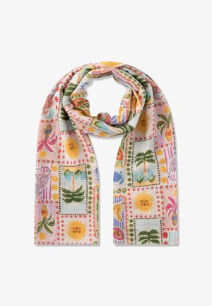 Leichter Schal mit bunten tropischen Drucken, darunter Sonnen, Palmen, Bananen, Blumen und abstrakte Formen, die in quadratischen Mustern angeordnet sind.